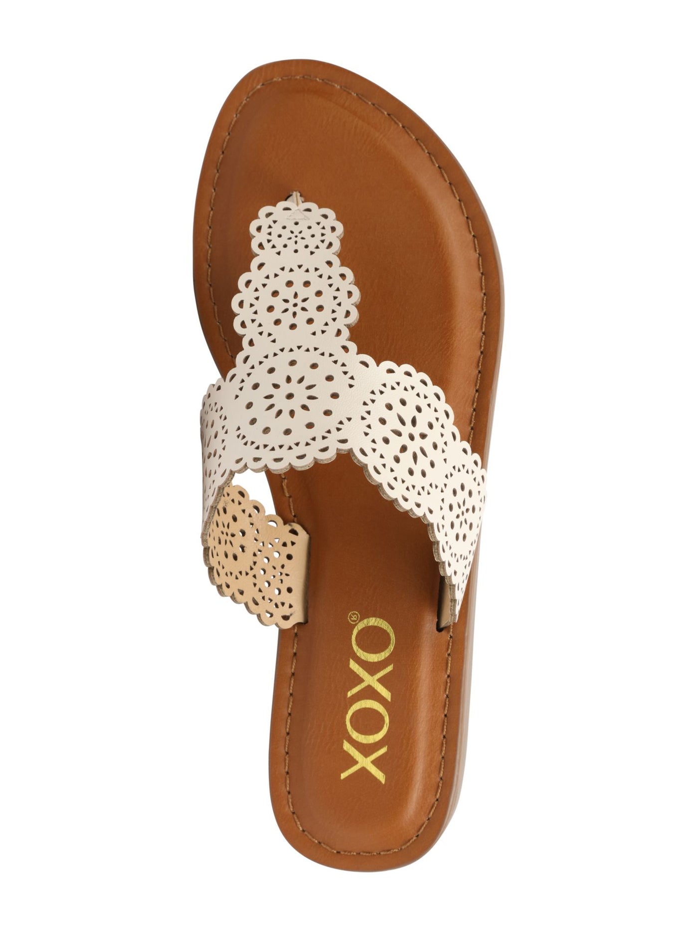 XOXO Womens Ivory Laser Cut T-Strap Scalloped Rally Round Toe Wedge Slip On Thong Sandals Shoes 5.5 M