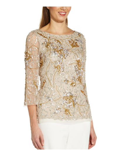 ADRIANNA PAPELL Womens Beige Zippered Embellished V-back Sheer 3/4 Sleeve Boat Neck Evening Top 0