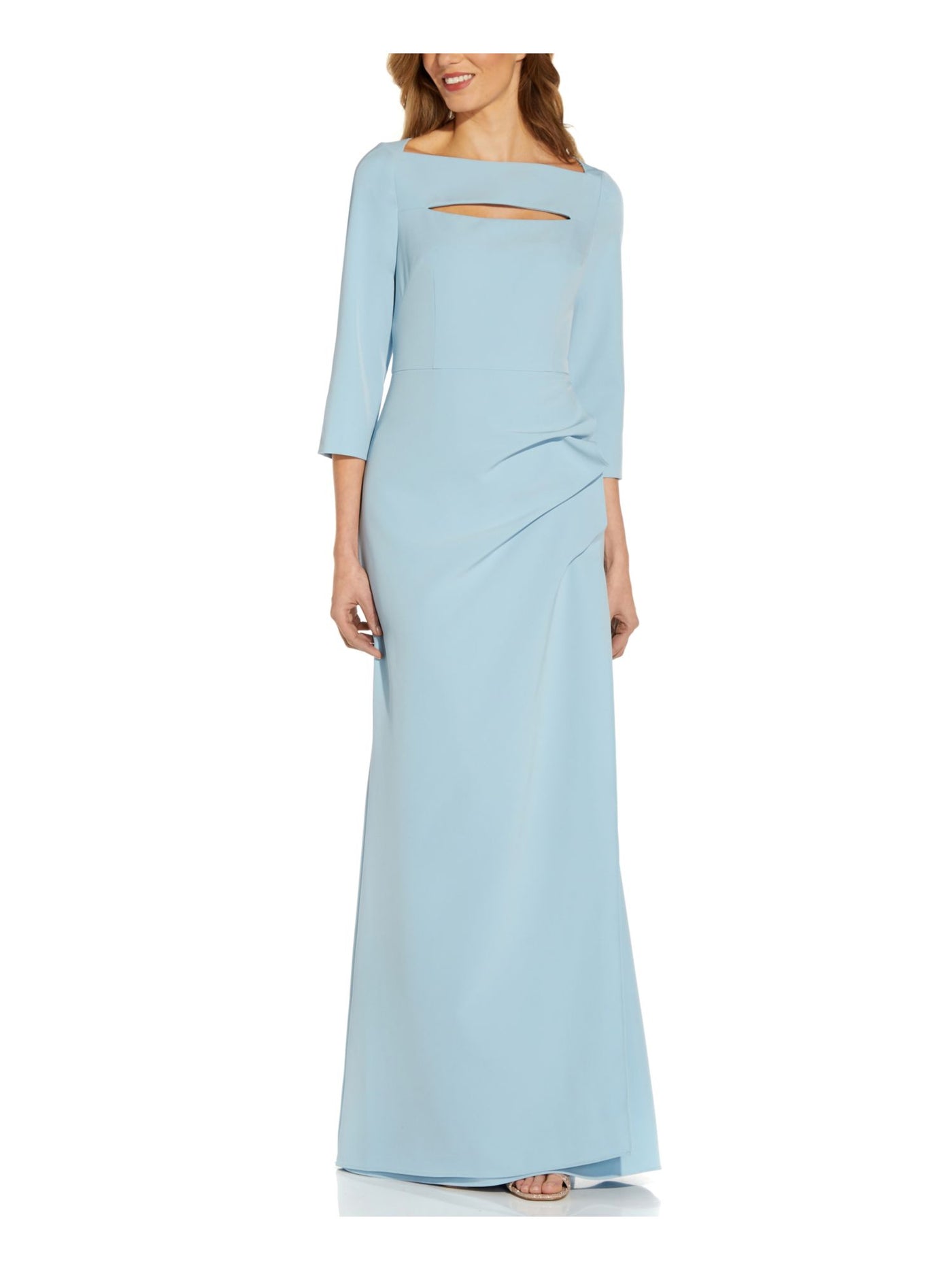 ADRIANNA PAPELL Womens Blue Stretch Cut Out Zippered Pleated 3/4 Sleeve Boat Neck Full-Length Formal Gown Dress 4