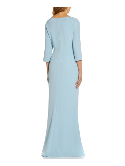 ADRIANNA PAPELL Womens Light Blue Stretch Cut Out Zippered Pleated 3/4 Sleeve Boat Neck Full-Length Formal Gown Dress 4