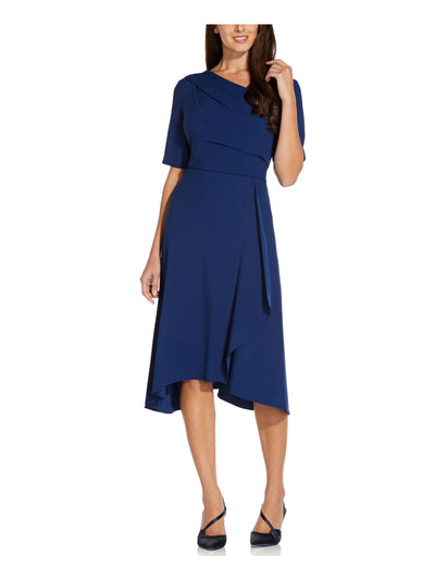 ADRIANNA PAPELL Womens Navy Short Sleeve Asymmetrical Neckline Evening Fit + Flare Dress 4