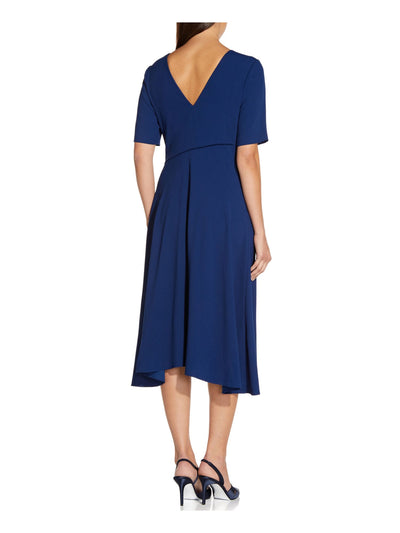 ADRIANNA PAPELL Womens Navy Short Sleeve Asymmetrical Neckline Evening Fit + Flare Dress 4