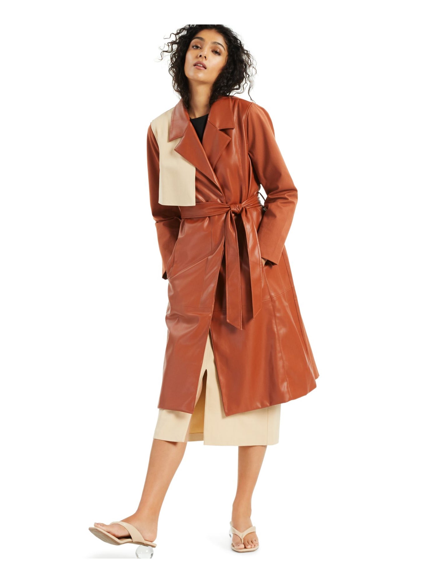 ALFANI Womens Brown Faux Leather Belted Trench Coat XL