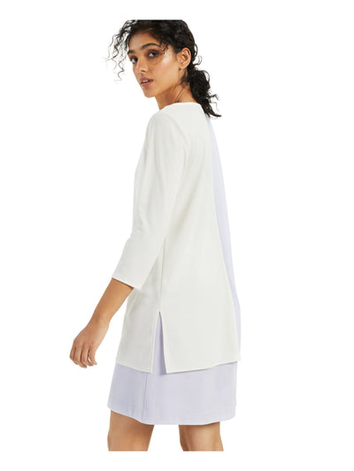 ALFANI Womens Purple Color Block 3/4 Sleeve Crew Neck Tunic Top M