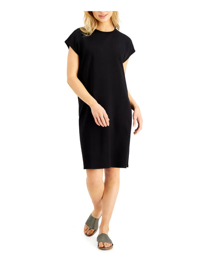 EILEEN FISHER Womens Black Stretch Cap Sleeve Crew Neck Knee Length Shift Dress XXS