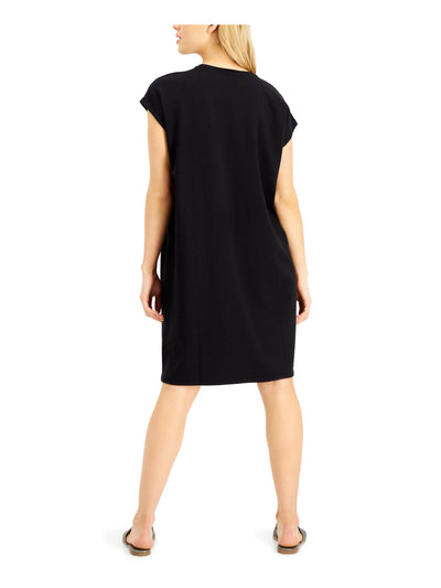 EILEEN FISHER Womens Black Stretch Cap Sleeve Crew Neck Knee Length Shift Dress XXS