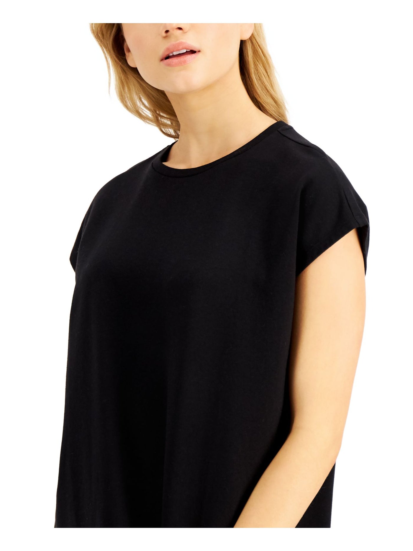 EILEEN FISHER Womens Black Stretch Cap Sleeve Crew Neck Knee Length Shift Dress XXS