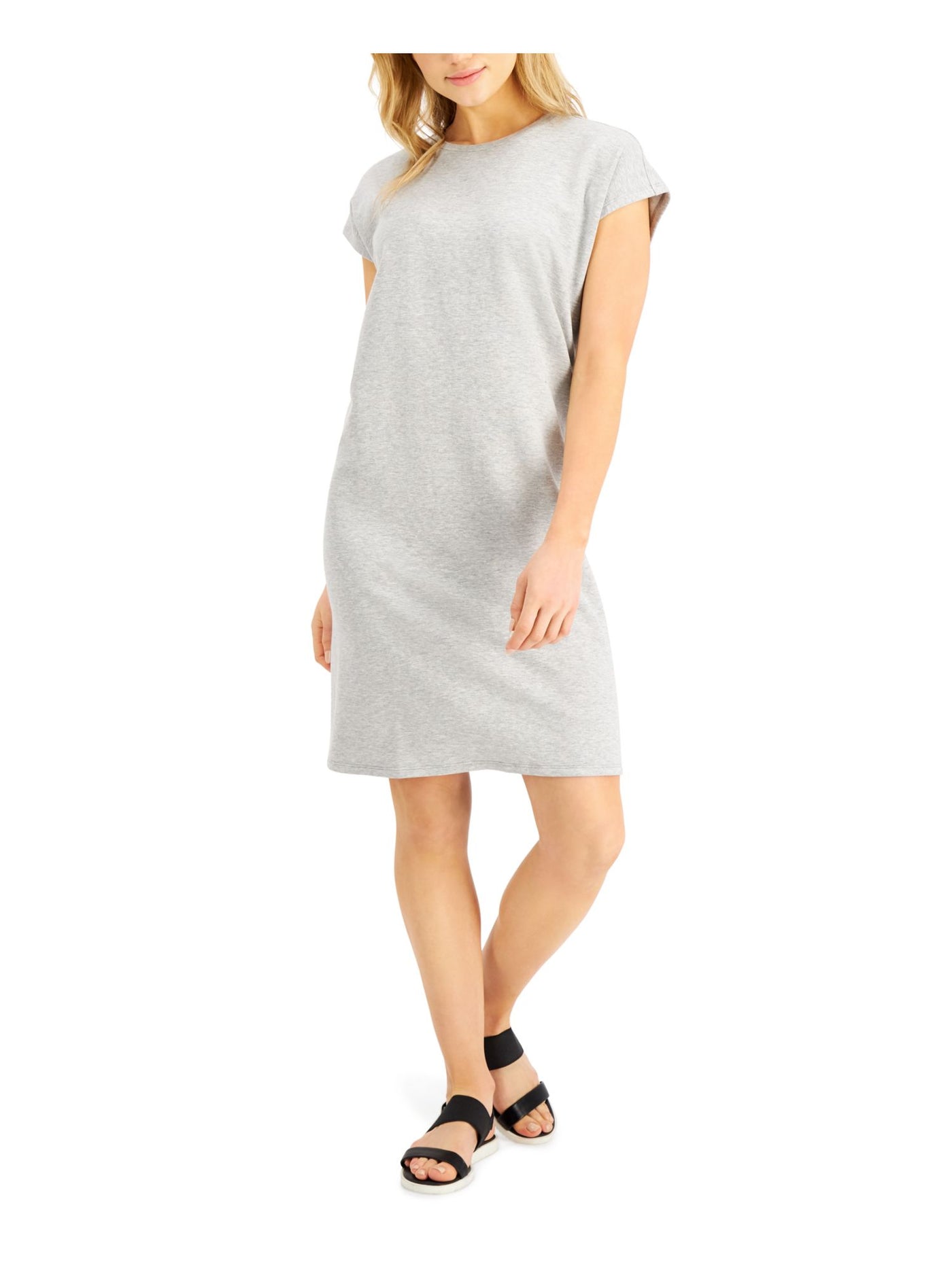 EILEEN FISHER Womens Gray Stretch Heather Cap Sleeve Crew Neck Knee Length Shift Dress M