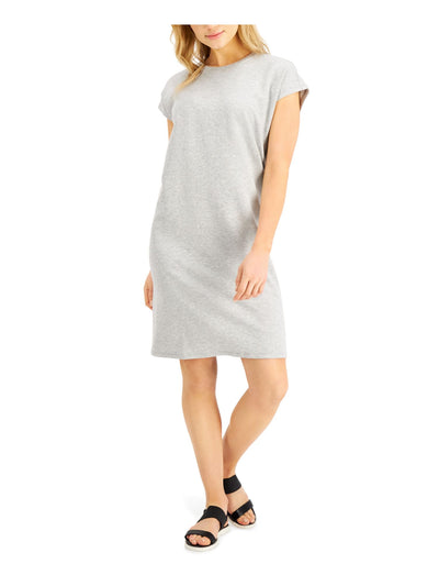 EILEEN FISHER Womens Gray Stretch Heather Cap Sleeve Crew Neck Knee Length Shift Dress M