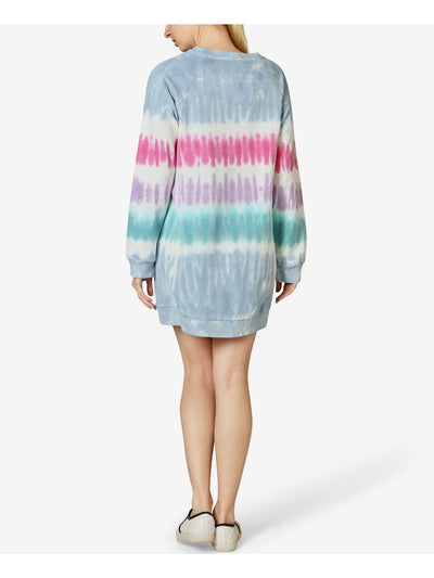 ULTRA FLIRT Womens Blue Tie Dye Long Sleeve Crew Neck Short Shift Dress L