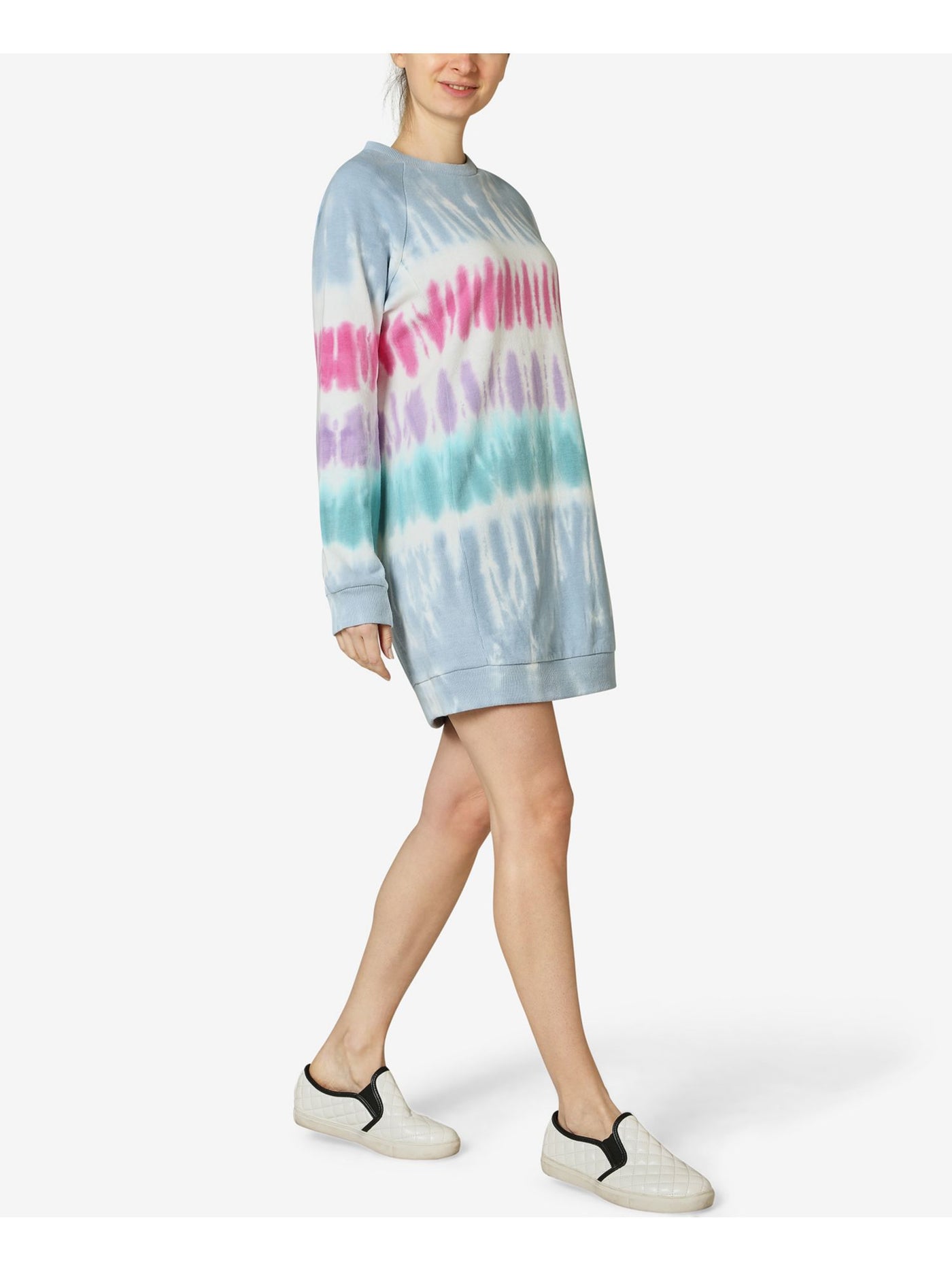 ULTRA FLIRT Womens Blue Tie Dye Long Sleeve Crew Neck Short Shift Dress L