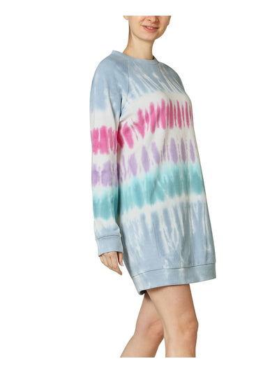 ULTRA FLIRT Womens Light Blue Tie Dye Long Sleeve Crew Neck Short Shift Dress M