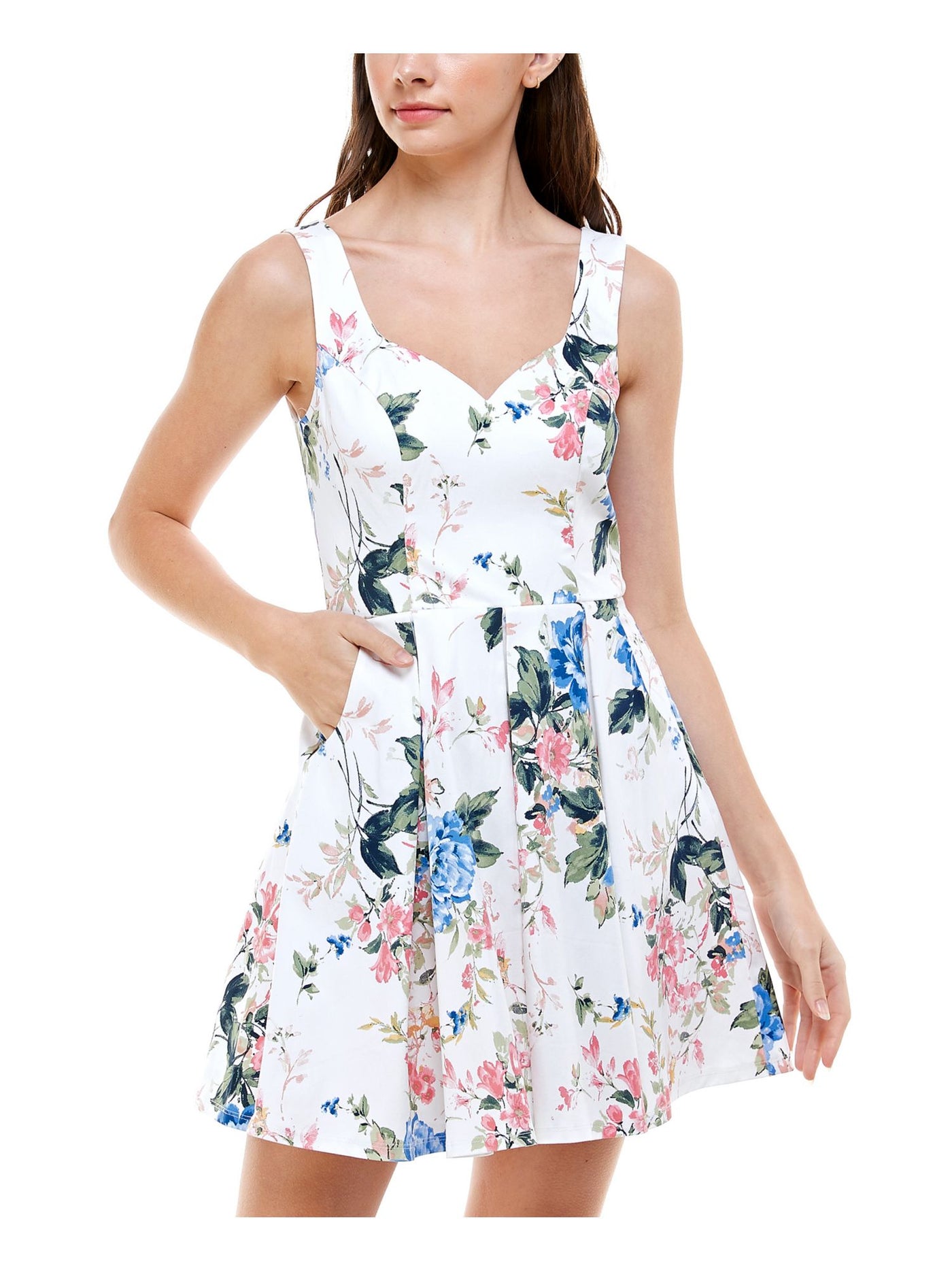 TRIXXI Womens Ivory Pocketed Zippered Floral Sleeveless V Neck Mini Party Fit + Flare Dress Juniors 11