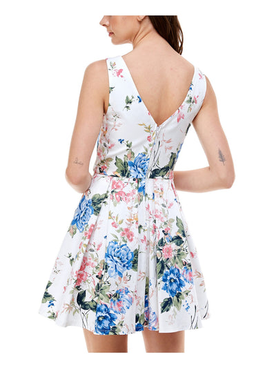 TRIXXI Womens White Pocketed Zippered Floral Sleeveless V Neck Mini Party Fit + Flare Dress Juniors 3