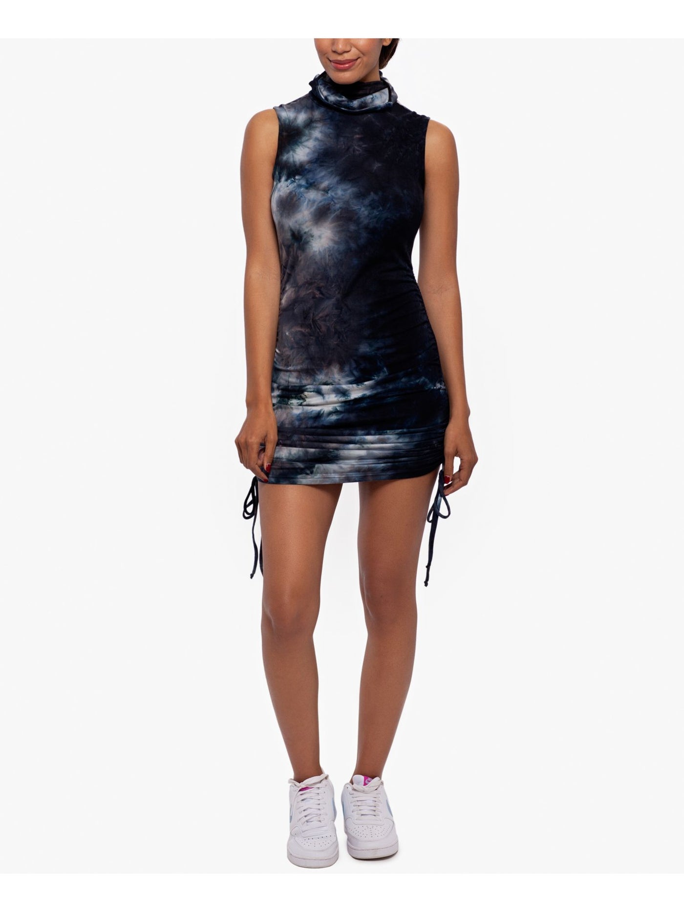 BAM BY BETSY & ADAM Womens Black Stretch Ruched Attached Face Mask Tie Dye Sleeveless Crew Neck Mini Body Con Dress S