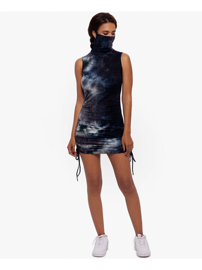 BAM BY BETSY & ADAM Womens Black Stretch Ruched Attached Face Mask Tie Dye Sleeveless Crew Neck Mini Body Con Dress M