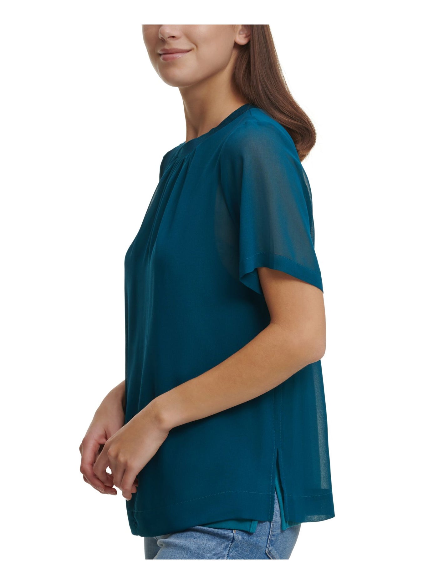 DKNY Womens Turquoise Gathered Sheer Overlay Short Sleeve Crew Neck Wear To Work Top L