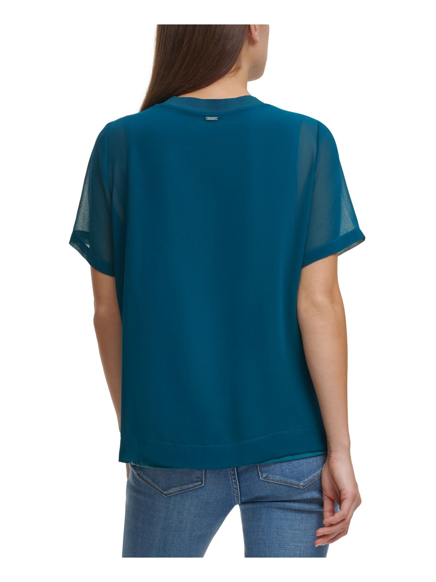 DKNY Womens Turquoise Gathered Sheer Overlay Short Sleeve Crew Neck Wear To Work Top L