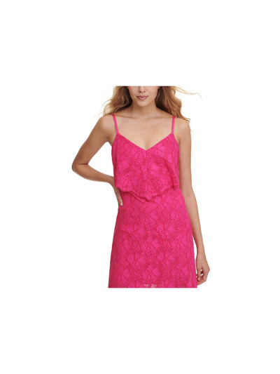 GUESS Womens Pink Stretch Slitted Lace Popover Layer With Scalloped Edg Floral V Neck Maxi Shift Dress 2