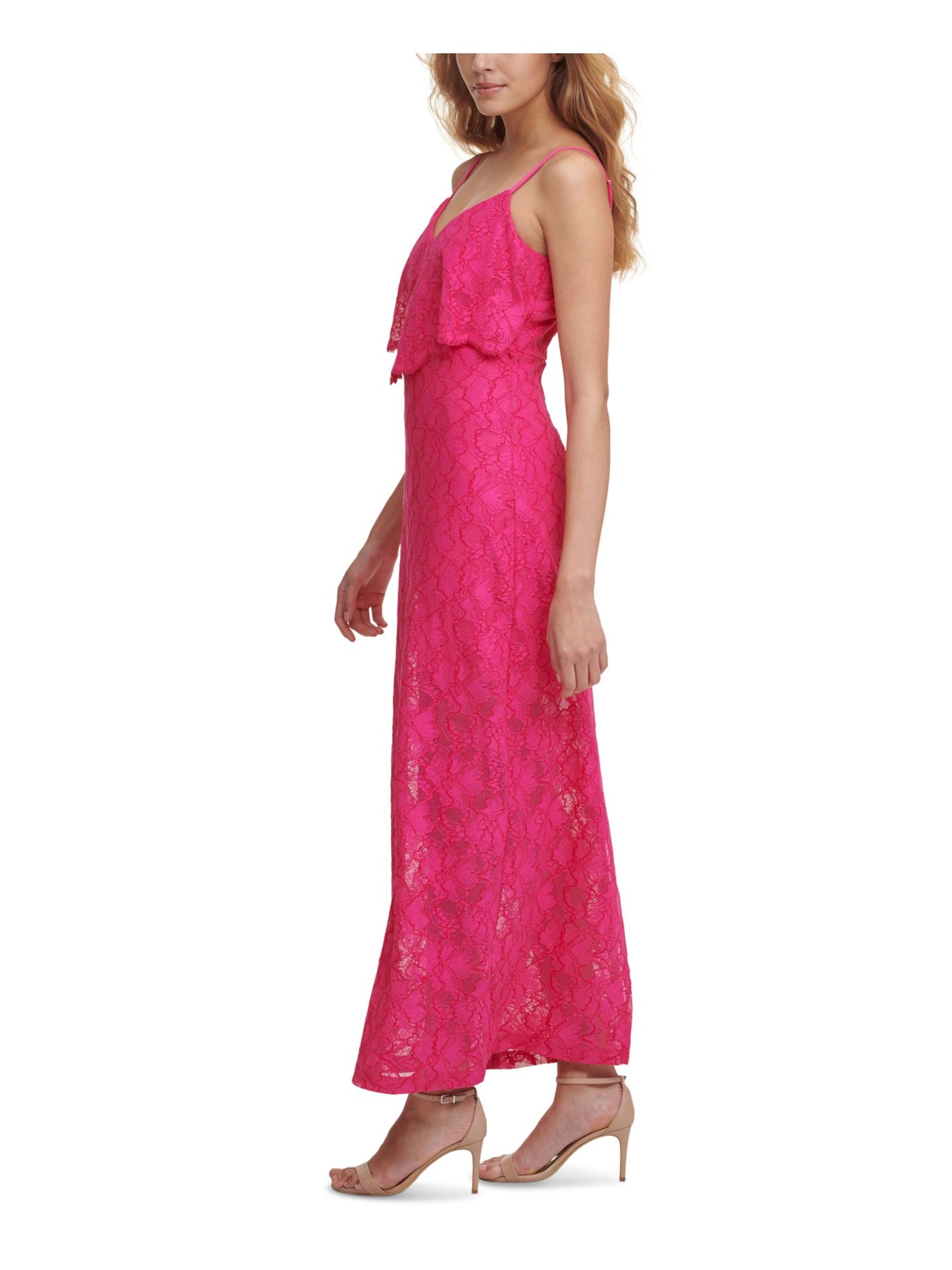 GUESS Womens Pink Stretch Slitted Lace Popover Layer With Scalloped Edg Floral V Neck Maxi Shift Dress 12