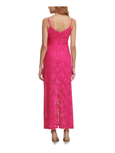 GUESS Womens Pink Stretch Slitted Lace Popover Layer With Scalloped Edg Floral V Neck Maxi Shift Dress 12