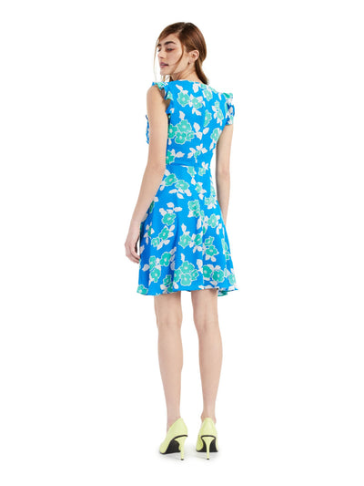 BAR III DRESSES Womens Blue Stretch Smocked Zippered Ruffled Twist Front Floral Flutter Sleeve V Neck Short Party Fit + Flare Dress XS