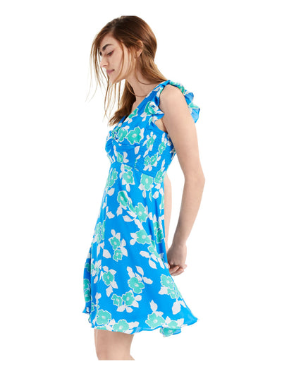 BAR III DRESSES Womens Blue Stretch Smocked Zippered Ruffled Twist Front Floral Flutter Sleeve V Neck Short Party Fit + Flare Dress XS