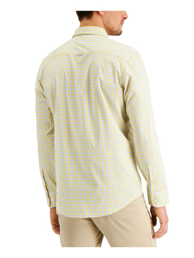 CLUBROOM Mens Yellow Lightweight, Pocket Plaid Long Sleeve Classic Fit Button Down Performance Stretch Casual Shirt S