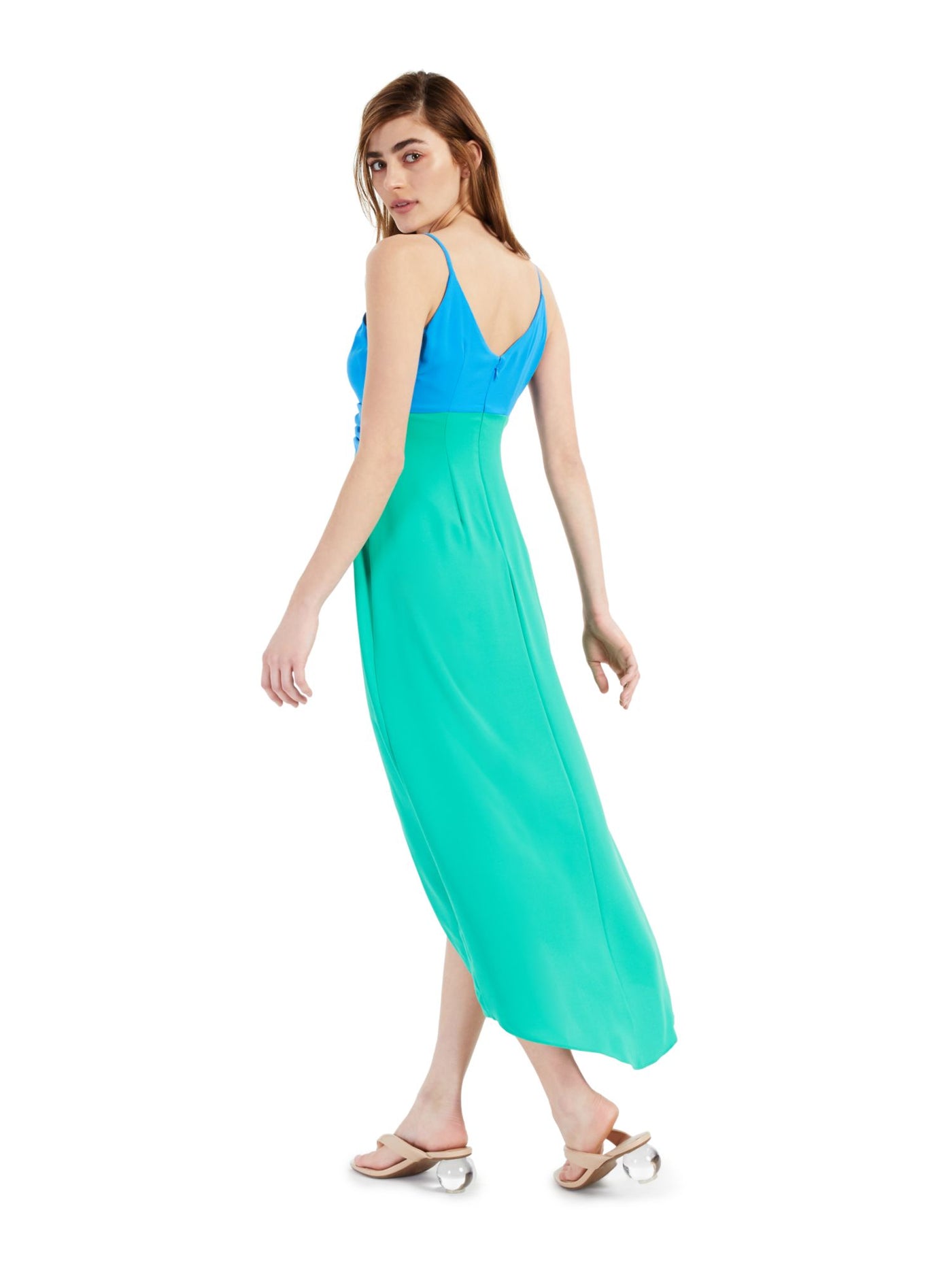 BAR III DRESSES Womens Green Twist Front Darted Scuba-crepe Color Block Spaghetti Strap V Neck Midi Party Tulip Dress XL