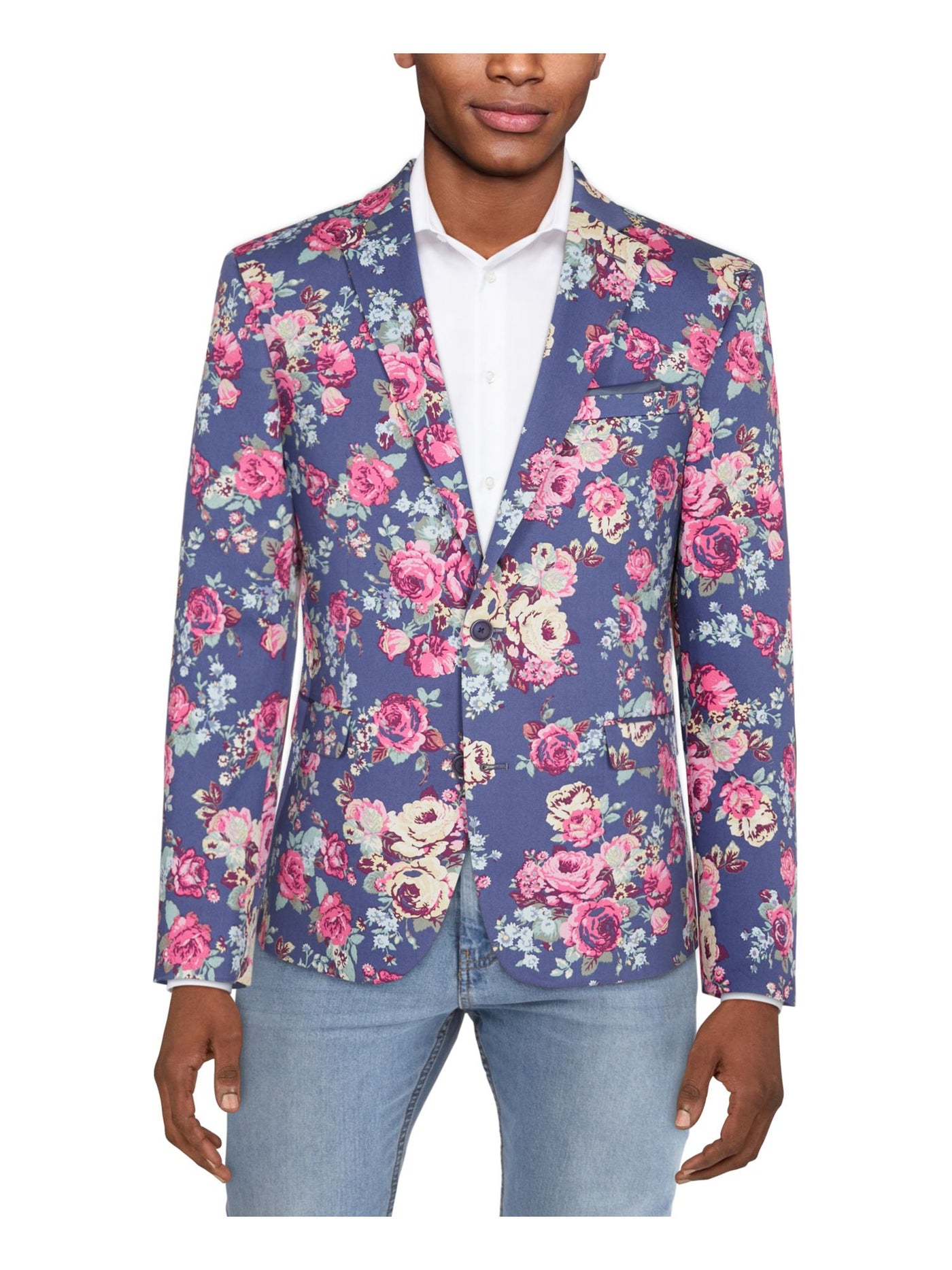 BAR III Mens Blue Single Breasted, Stretch, Floral Slim Fit Stretch Suit Separate Blazer Jacket 38R