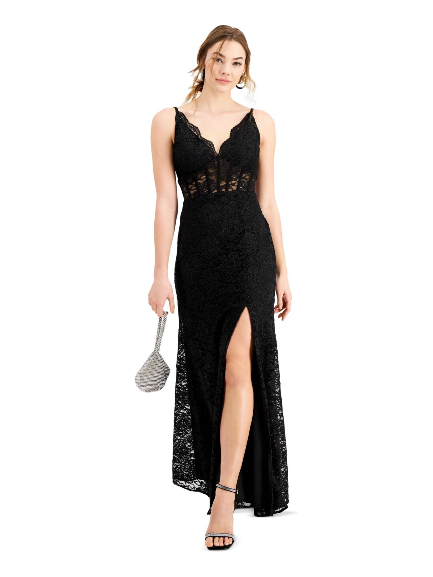 MORGAN & CO Womens Black Lace Scalloped Glitter Slitted Floral Spaghetti Strap V Neck Full-Length Prom Gown Dress 3