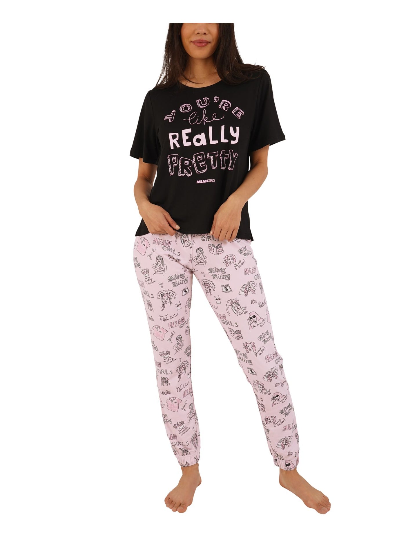 RETROSPECTIVE CO. Womens Pink Graphic Elastic Band Short Sleeve T-Shirt Top Cuffed Pants Pajamas XL
