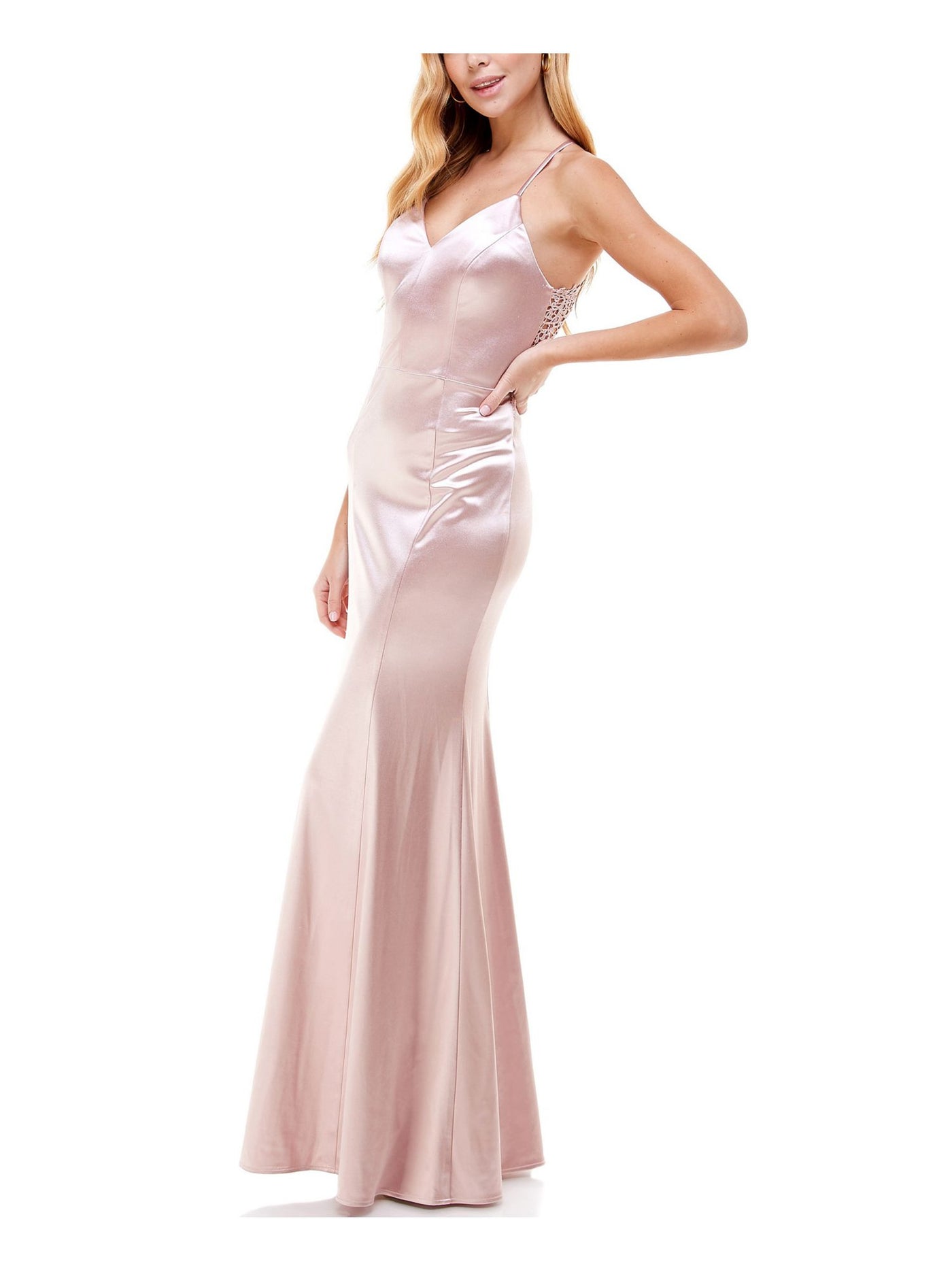 CITY STUDIO Womens Pink Spaghetti Strap V Neck Full-Length Evening Mermaid Dress 7