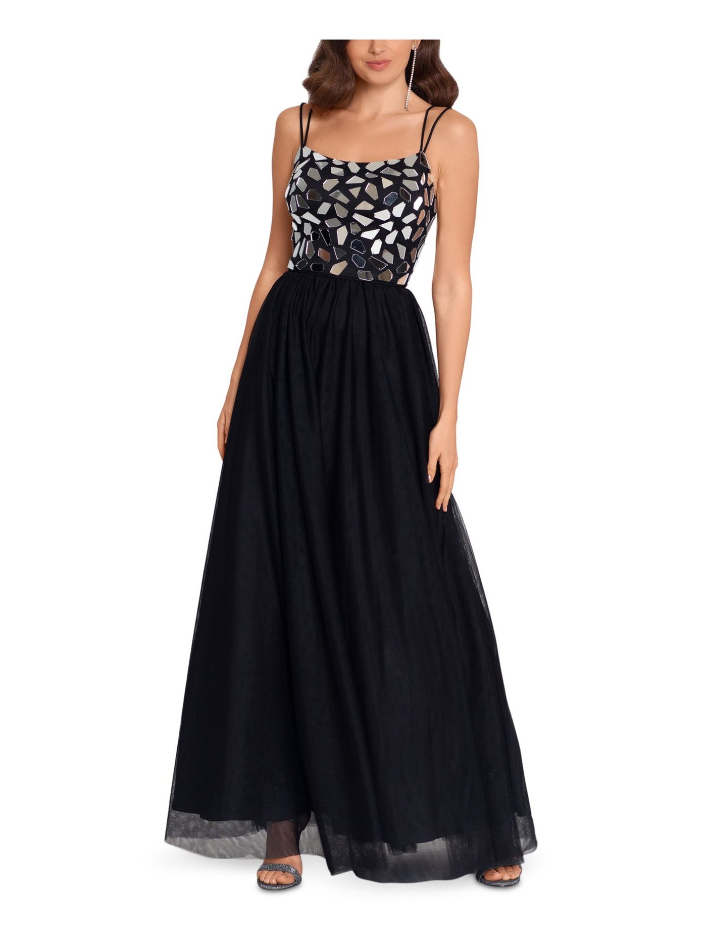 BLONDIE Womens Black Embellished Spaghetti Strap Scoop Neck Full-Length Formal Fit + Flare Dress 5