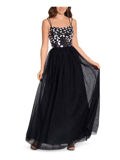 BLONDIE Womens Black Embellished Spaghetti Strap Scoop Neck Full-Length Formal Fit + Flare Dress 3