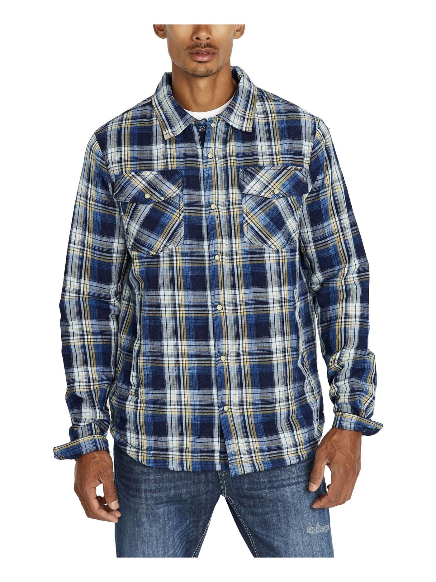 BUFFALO Mens Saboire Blue Plaid Classic Fit Fleece Lined Casual Shirt M