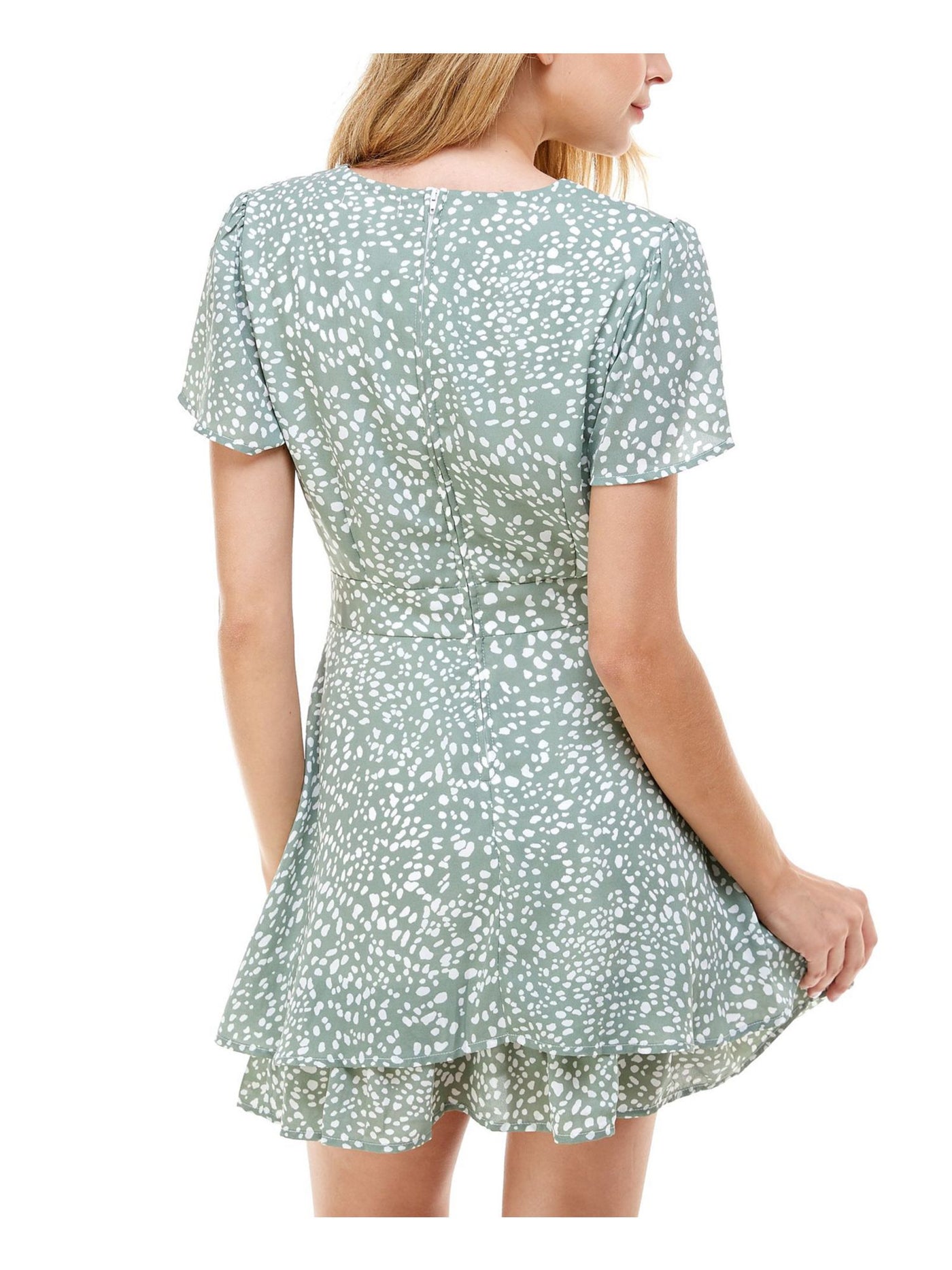 EMERALD SUNDAE Womens Green Zippered Tie Double Skirt Short Sleeve Surplice Neckline Short A-Line Dress Juniors 13