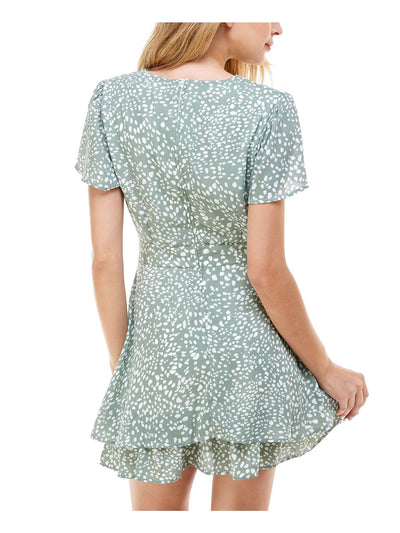 EMERALD SUNDAE Womens Green Zippered Tie Double Skirt Short Sleeve Surplice Neckline Short A-Line Dress Juniors 13