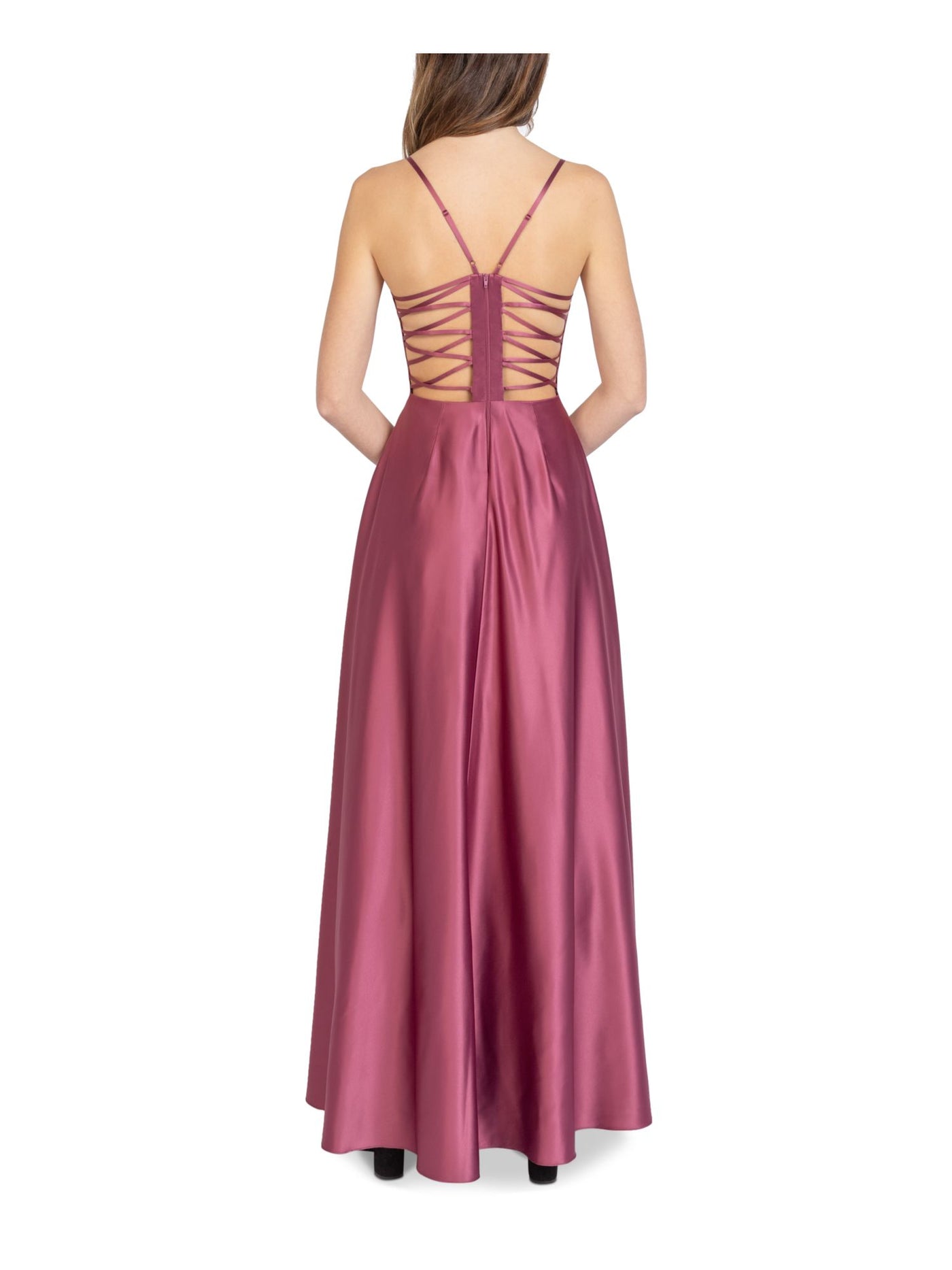 B DARLIN Womens Pink Slitted Strappy Back Spaghetti Strap Sweetheart Neckline Full-Length Prom Fit + Flare Dress 0