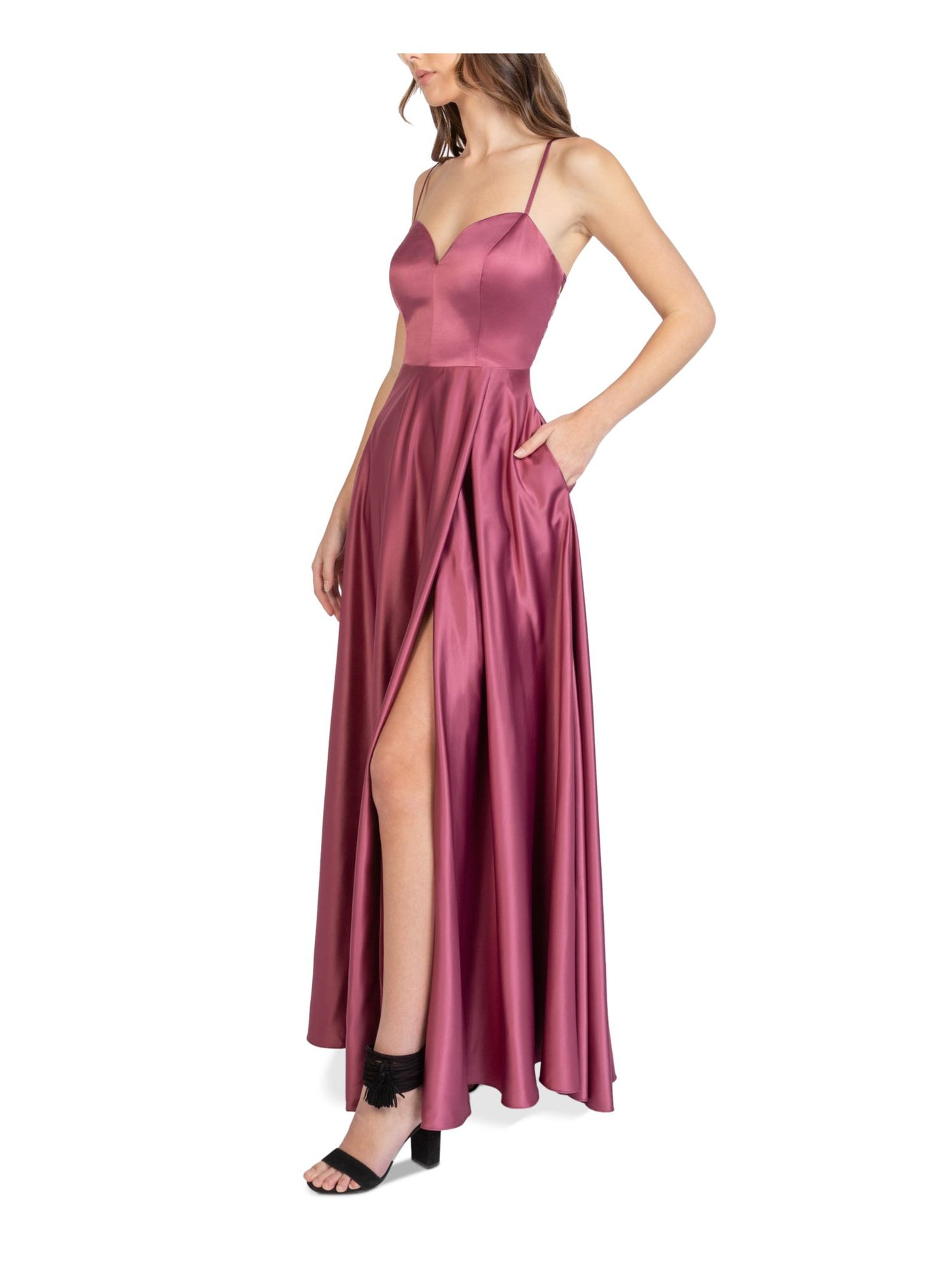 B DARLIN Womens Pink Slitted Strappy Back Spaghetti Strap Sweetheart Neckline Full-Length Prom Fit + Flare Dress 0