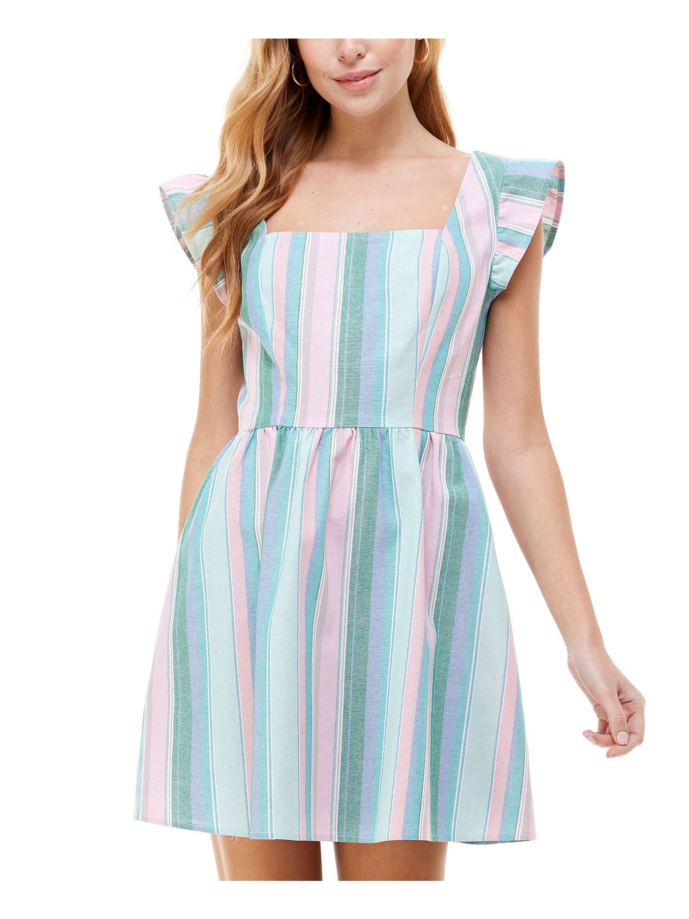 CRYSTAL DOLLS Womens Flutter Short Smocked Square Neck Fit + Flare Dress