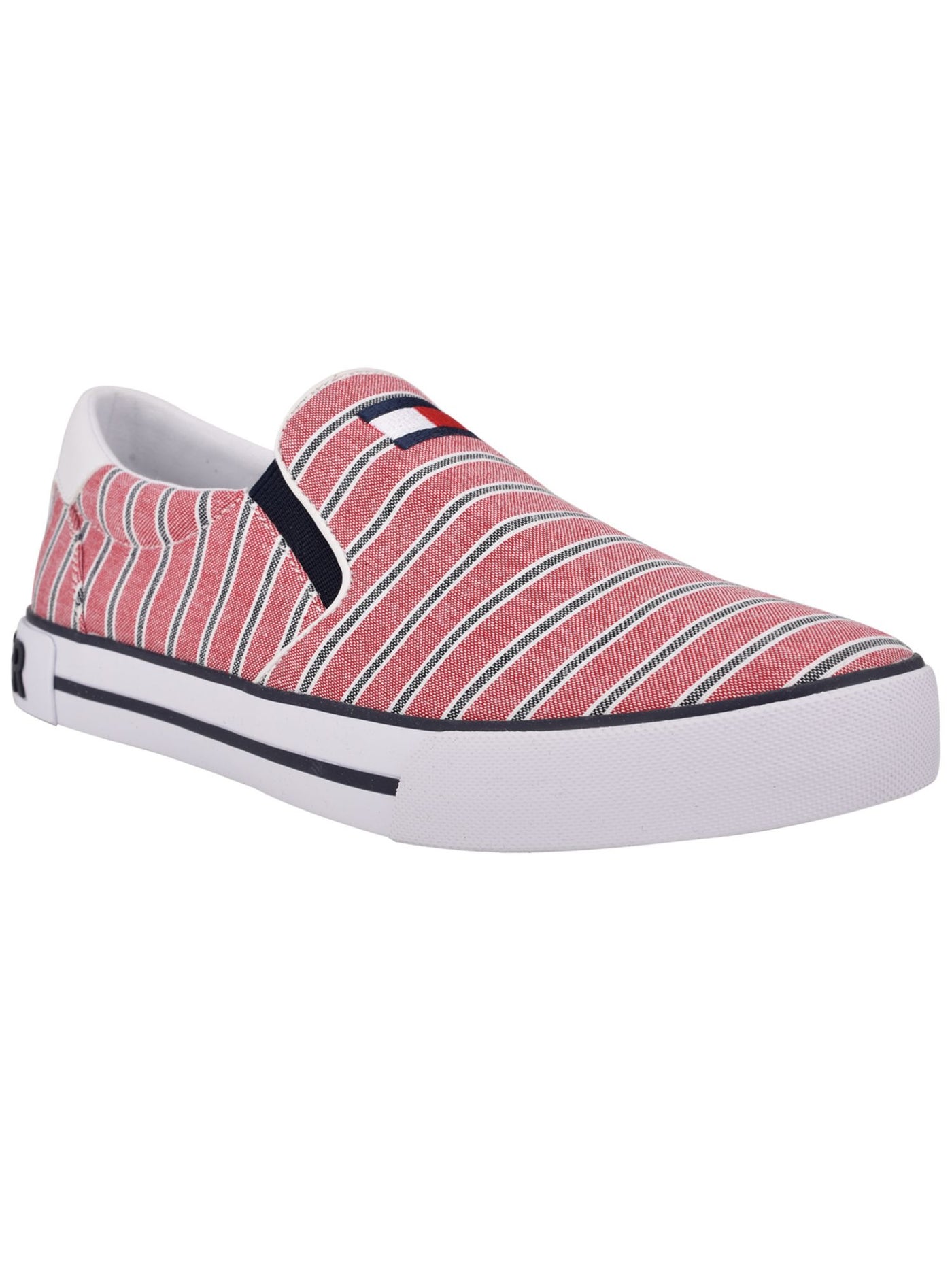 TOMMY HILFIGER Womens Red Striped Mixed Media Dual Goring Logo Cushioned Embroidered Roaklyn Round Toe Slip On Sneakers Shoes 11 M