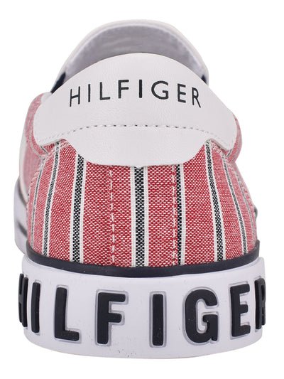 TOMMY HILFIGER Womens Red Striped Mixed Media Dual Goring Logo Cushioned Embroidered Roaklyn Round Toe Slip On Sneakers Shoes 11 M
