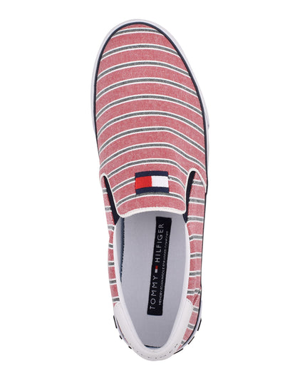 TOMMY HILFIGER Womens Red Striped Mixed Media Dual Goring Logo Cushioned Embroidered Roaklyn Round Toe Slip On Sneakers Shoes 11 M