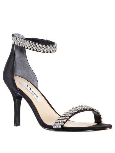 NINA Womens Black Rhinestone Ankle Strap Vauna Almond Toe Stiletto Zip-Up Leather Dress Heeled Sandal 11 M