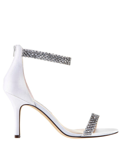 NINA Womens White Rhinestone Ankle Strap Vauna Almond Toe Stiletto Zip-Up Leather Dress Heeled Sandal 6 M