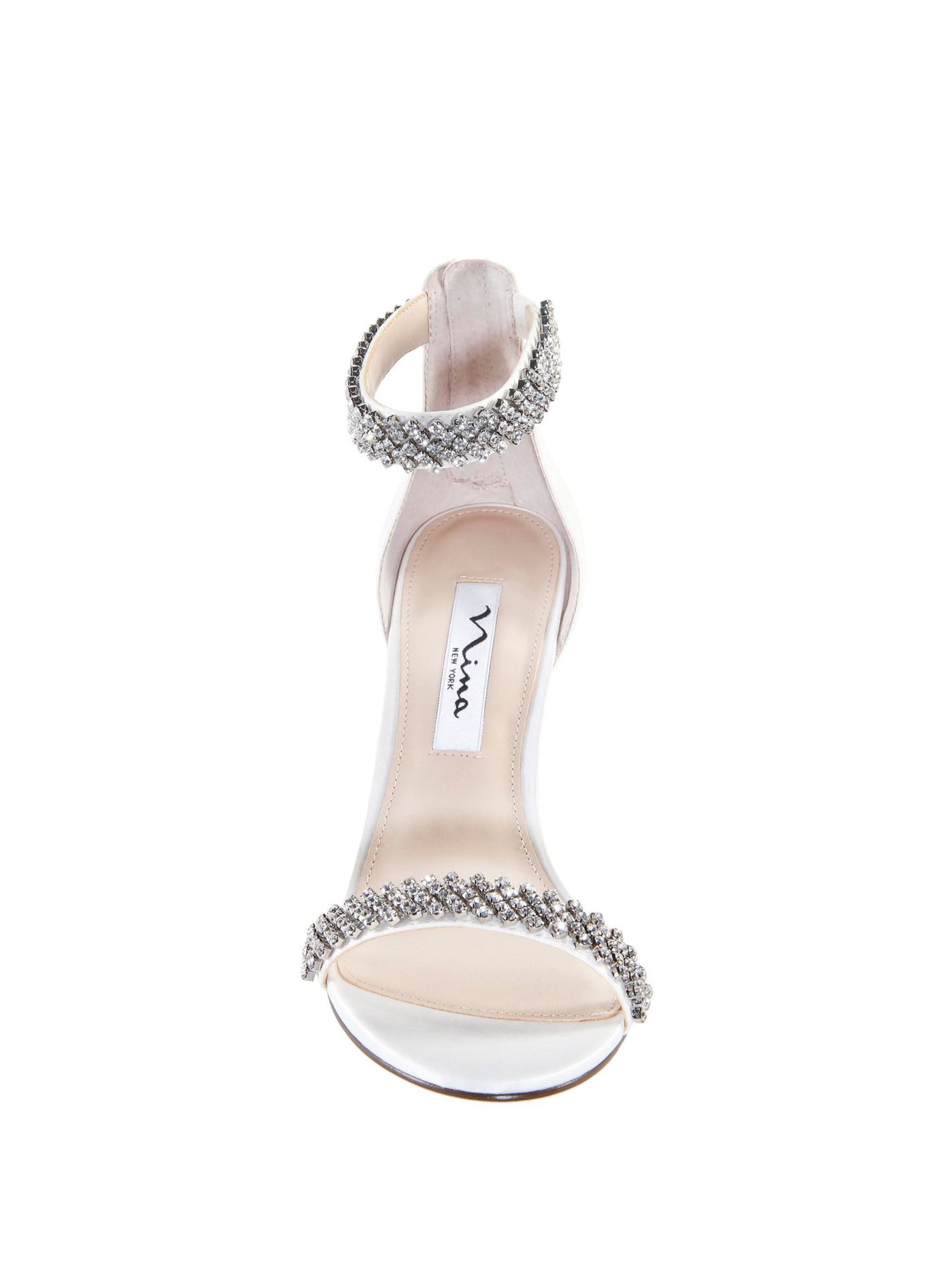 NINA Womens White Rhinestone Ankle Strap Vauna Almond Toe Stiletto Zip-Up Leather Dress Heeled Sandal 11 M