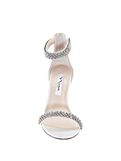 NINA Womens White Rhinestone Ankle Strap Vauna Almond Toe Stiletto Zip-Up Leather Dress Heeled Sandal 11 M