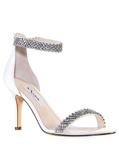 NINA Womens Ivory Rhinestone Ankle Strap Vauna Almond Toe Stiletto Zip-Up Leather Dress Heeled Sandal 8.5 M