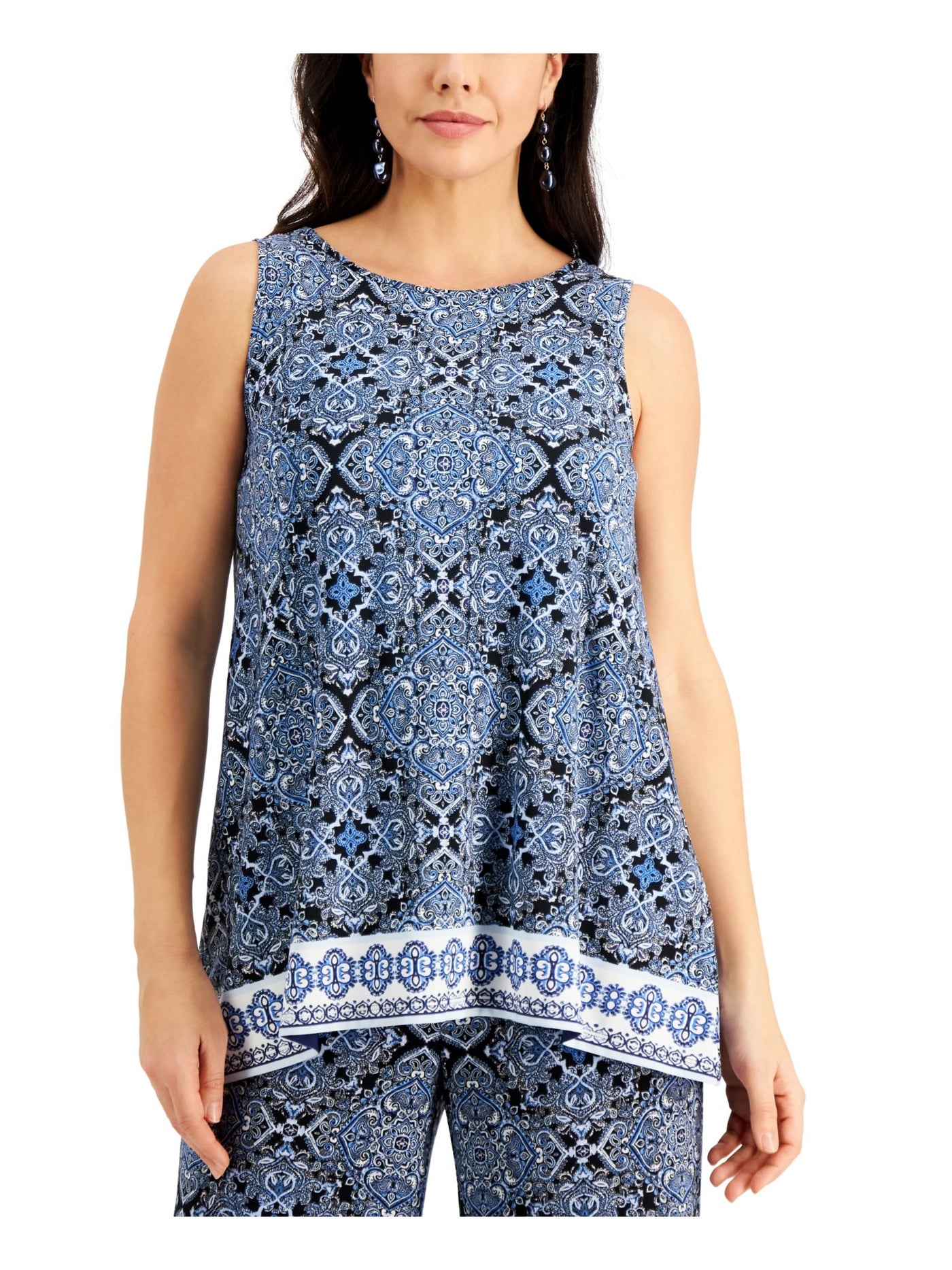 KASPER Womens Blue Printed Sleeveless Scoop Neck Wear To Work Top XS